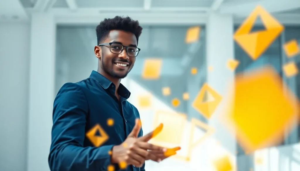 Ilustração futurista representando a automação de conteúdo com engrenagens digitais e supervisão humana para escalar SEO com segurança.