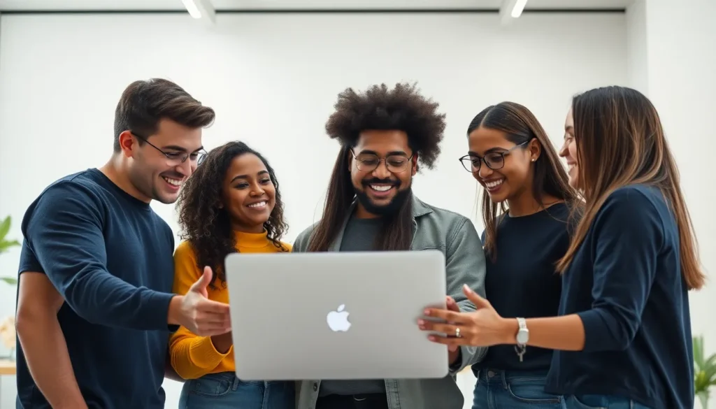 Equipe de marketing em reunião enfrentando bloqueio criativo sendo auxiliada por assistentes virtuais de inteligência artificial para gerar ideias.