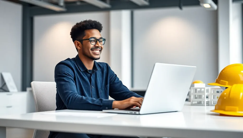 Engenheiro civil utilizando software de inteligência artificial em um tablet para gerar descrições técnicas de obras e memoriais descritivos automatizados.