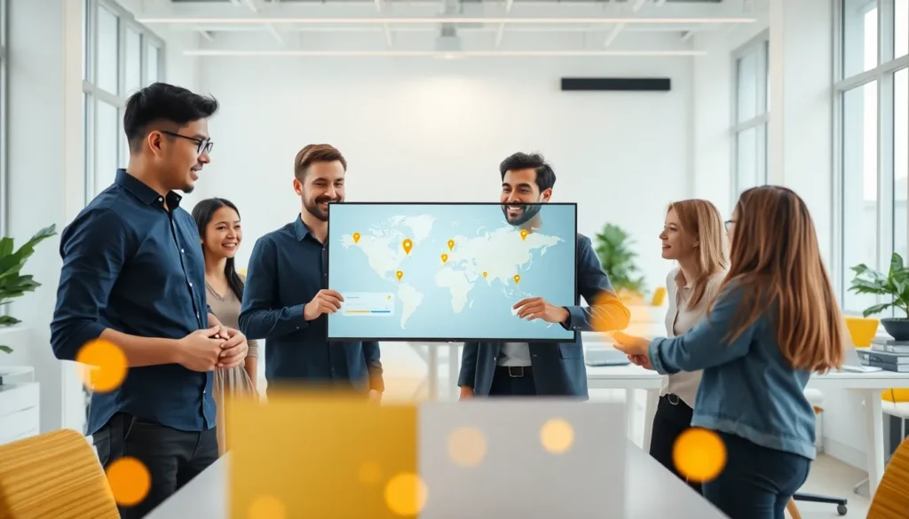 Ilustração digital de um mapa urbano com múltiplos marcadores de localização destacando a estratégia de Guias de Bairro Automáticos e SEO Local.