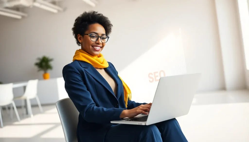 Ilustração de um robô de IA organizando blocos de conteúdo único em um site para escalar SEO e evitar penalizações por duplicidade.